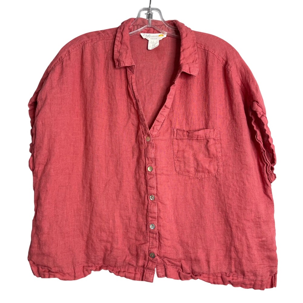 C&C California 100%‎ Linen Boxy Top Womens XL Dusty Red Button Front Lagenlook
